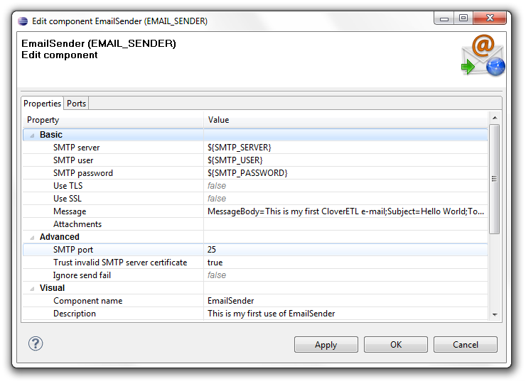EmailSender attributes window Sending Emails from Data Transformation (Part 1)