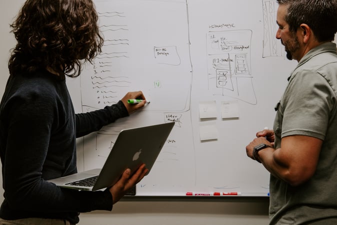 Two people writing on a whiteboard